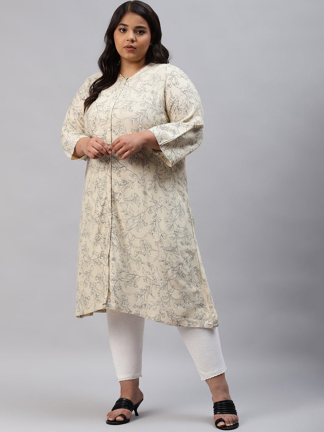 

W Floral Printed Band Collar Kurta, White