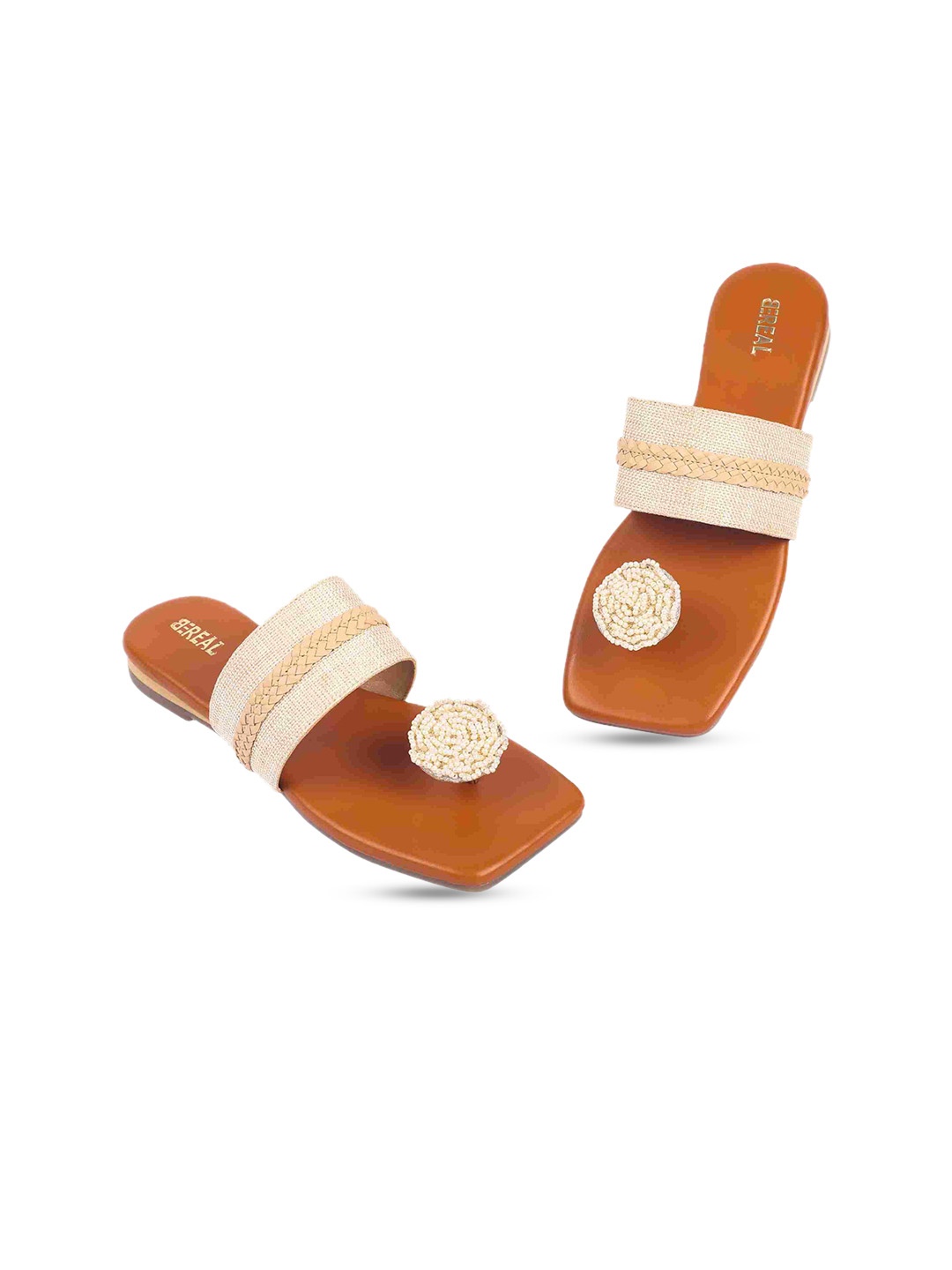 

BEREAL Women Embellished Open One Toe Flats, Tan
