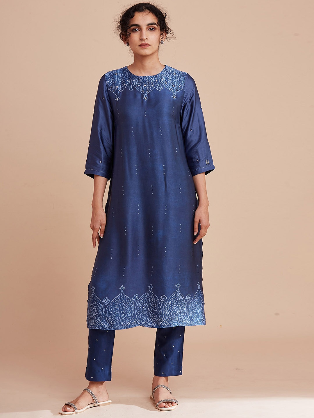 

W The Folksong Collection Bandahani Printed Mandarin Collar Kurta, Blue