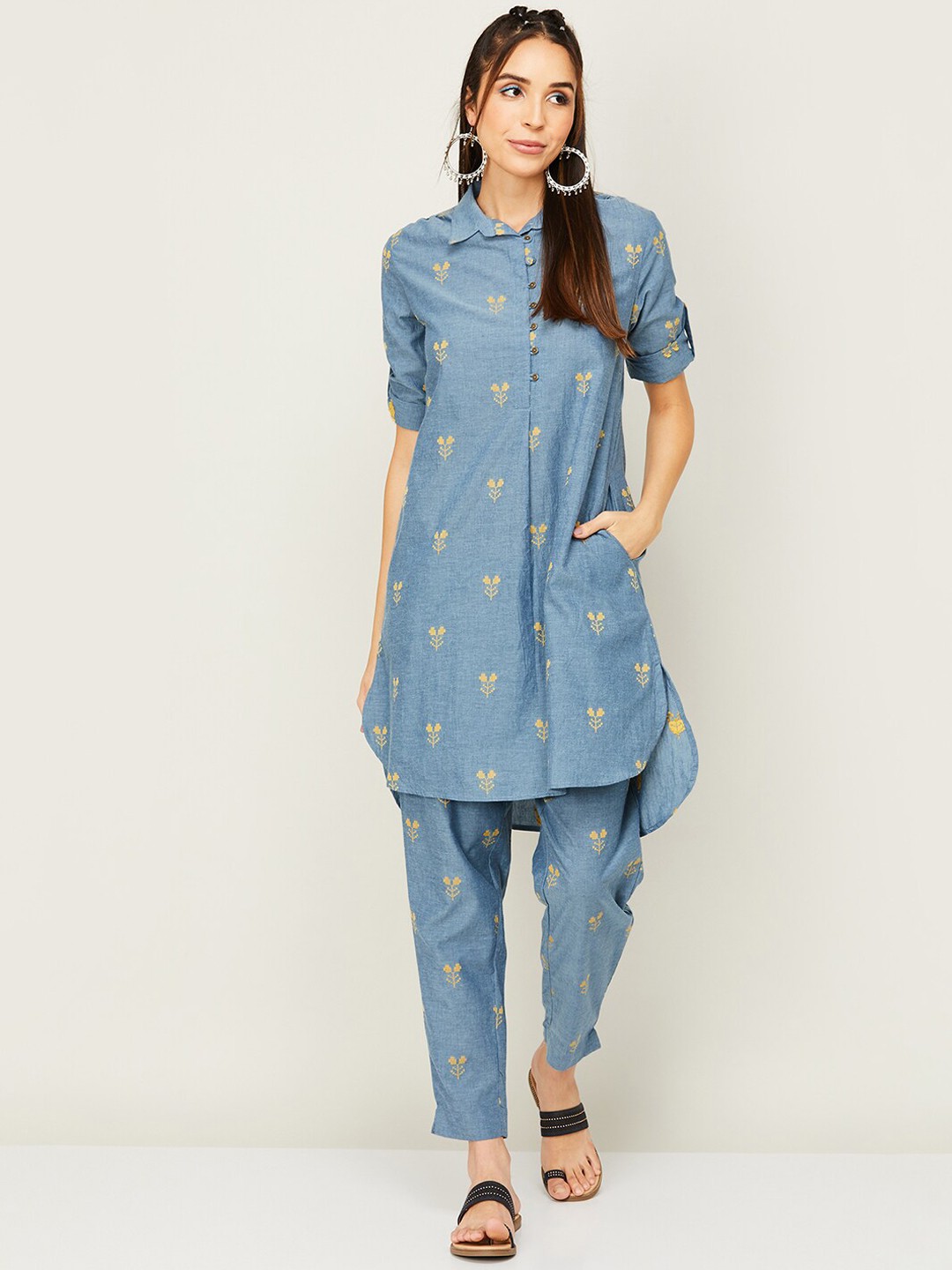 

Colour Me by Melange Woven Design Shirt Collar High-Low Pure Cotton Kurta with Trousers, Blue