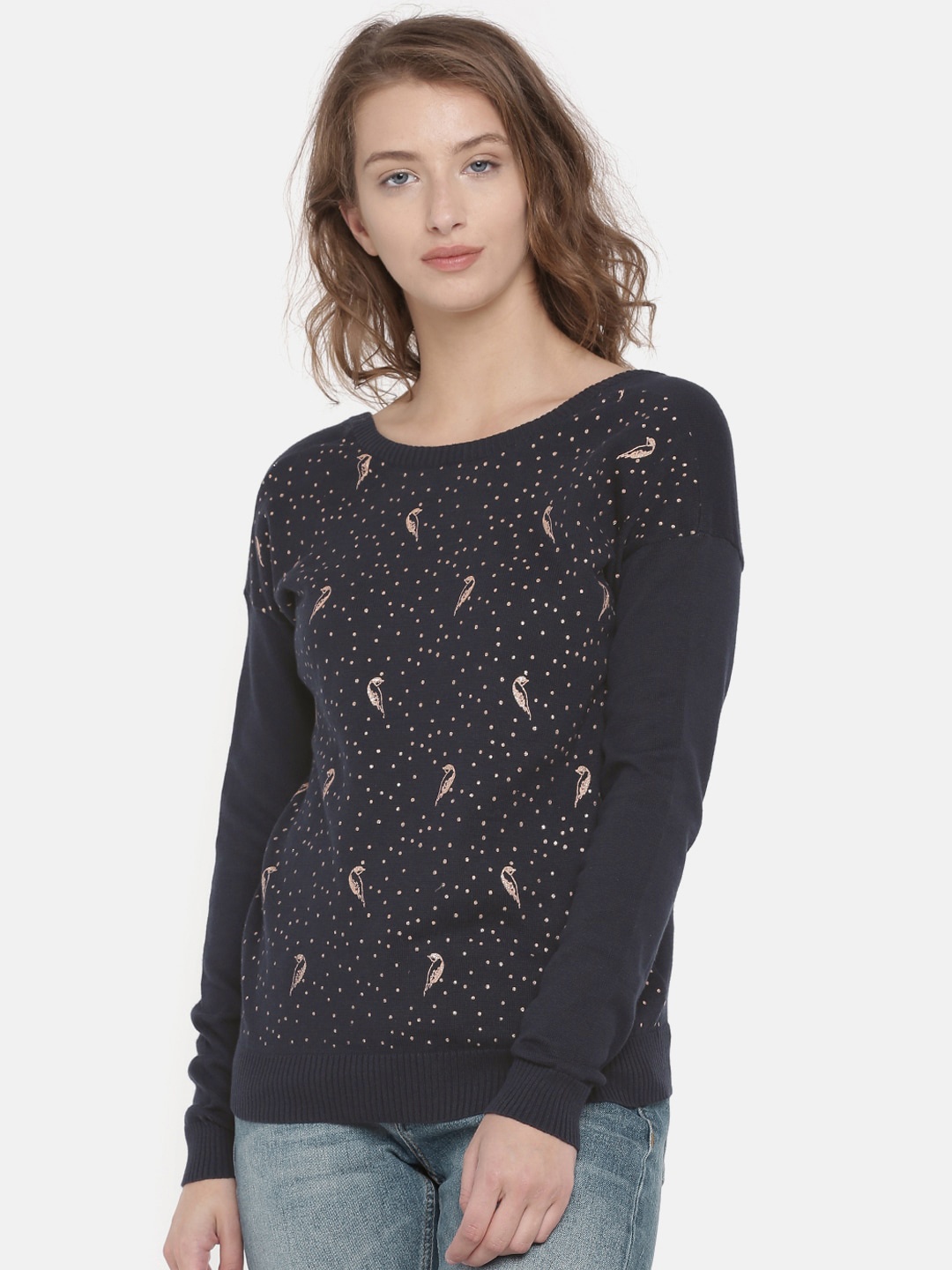 

Vero Moda Women Navy Blue Printed Pure Cotton Top