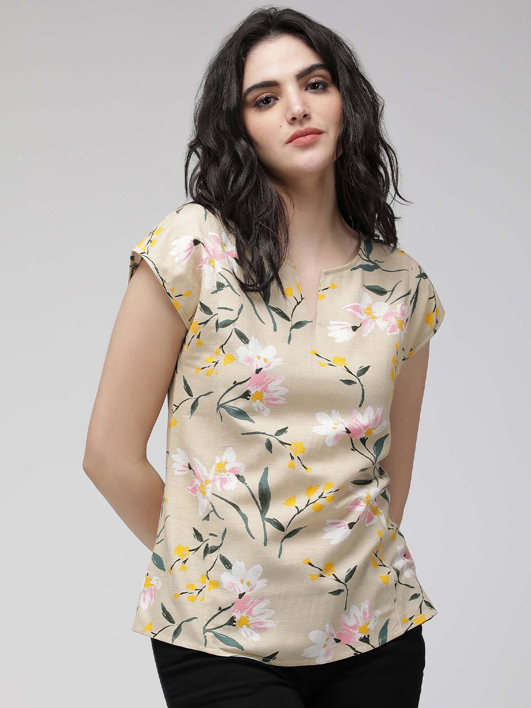 

IDK Floral Printed Notched Neck Top, Beige