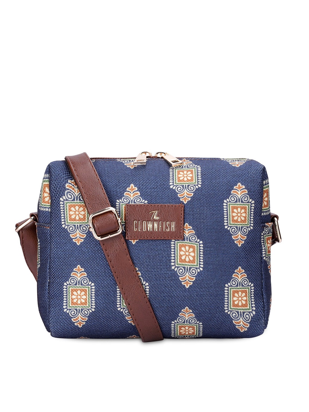 

THE CLOWNFISH Ethnic Motifs Printed Structured Sling Bag, Navy blue