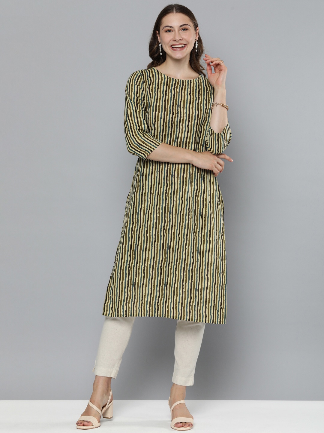 

HERE&NOW Striped Kurta, Yellow