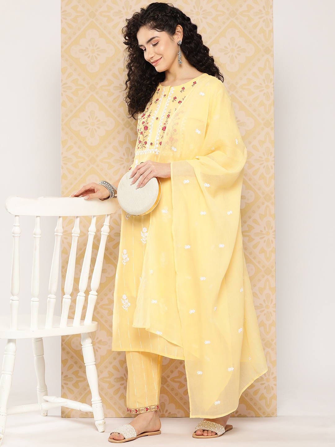 

Yufta Floral Embroidered Regular Thread Work Pure Cotton Kurta with Trousers & Dupatta, Yellow