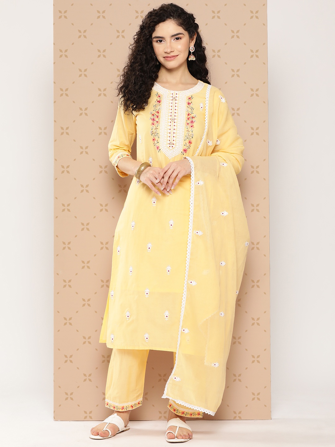 

Yufta Floral Embroidered Regular Thread Work Pure Cotton Kurta with Trousers & Dupatta, Yellow