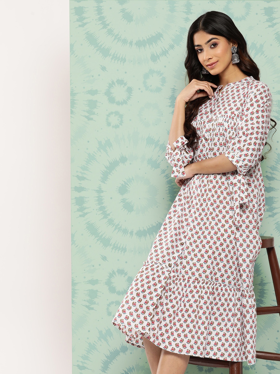 

Janasya Floral Print Puff Sleeve Empire Midi Dress, White