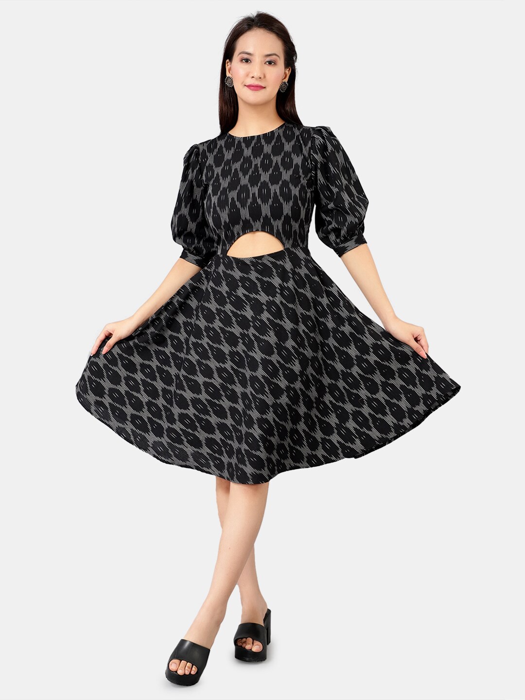 

INDOPHILIA Round Neck Ikat Printed Cotton Fit & Flare Dress, Black