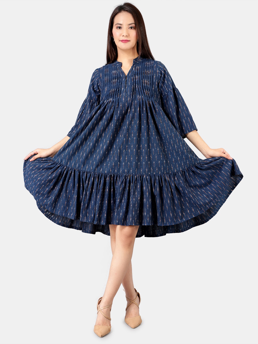 

INDOPHILIA Striped Pleated Drop-Waist Dress, Blue