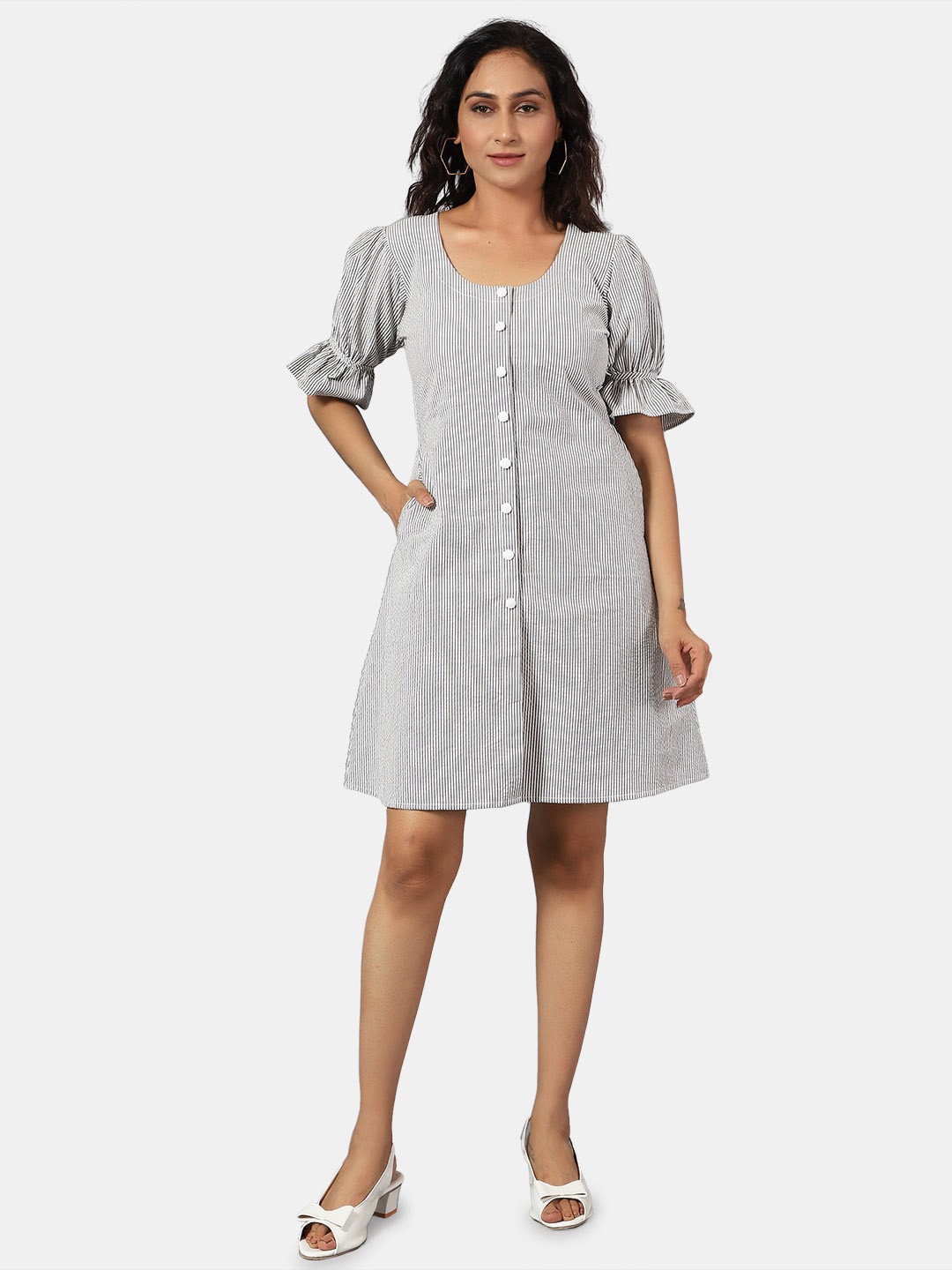 

INDOPHILIA Striped Puff Sleeves Cotton A-Line Dress, White