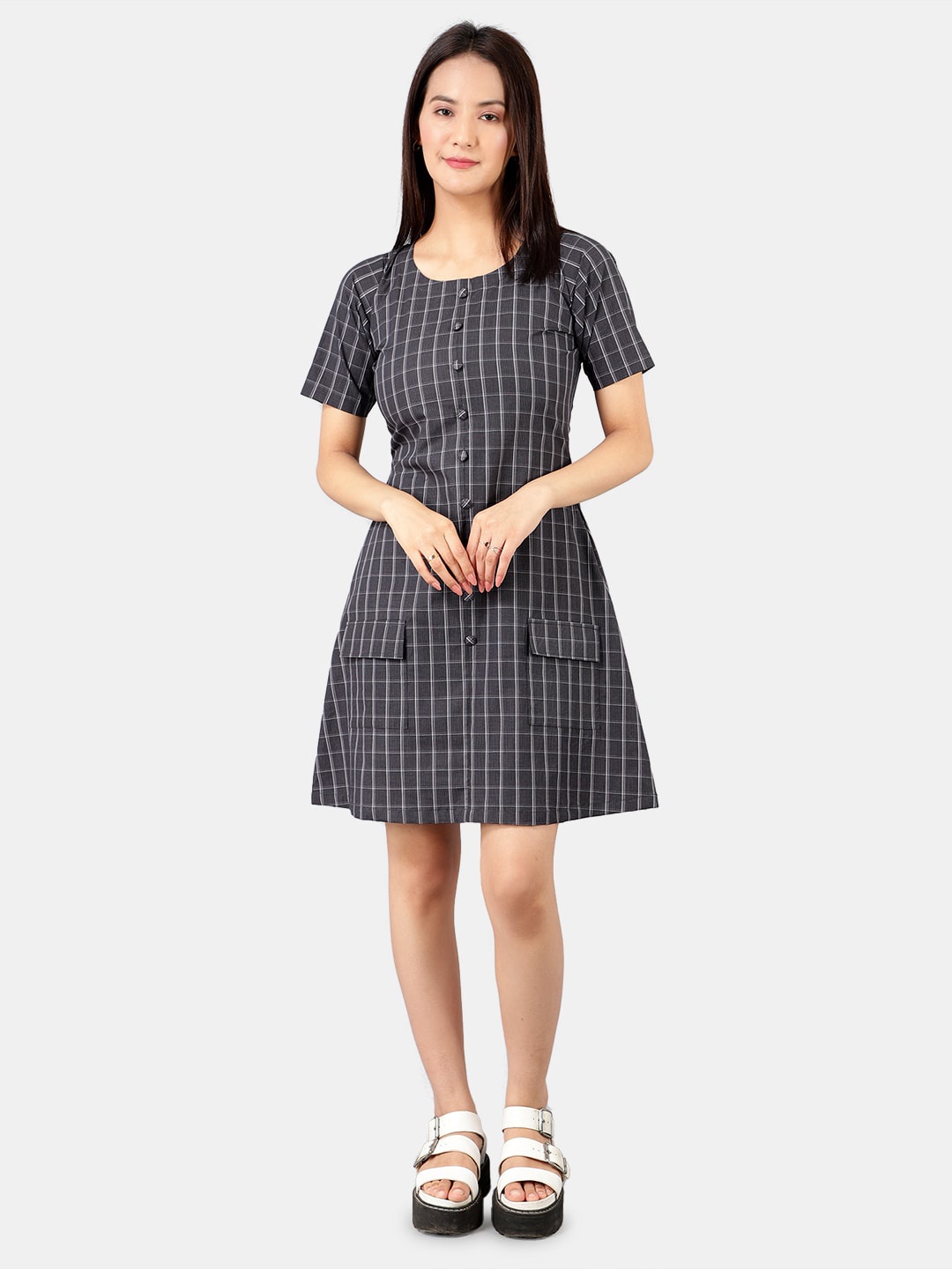 

INDOPHILIA Checked Cotton A-Line Mini Dress, Grey