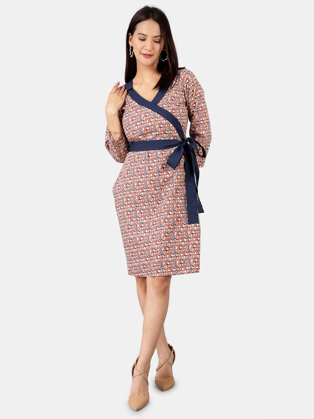 

INDOPHILIA Geometric Printed Cotton Wrap Dress, Red