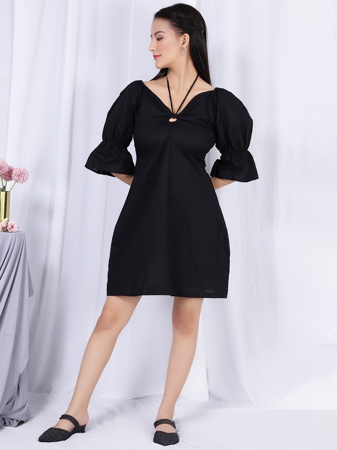 

INDOPHILIA Tie-Up Neck Bell Sleeves Cotton Linen Fit & Flare Dress, Black