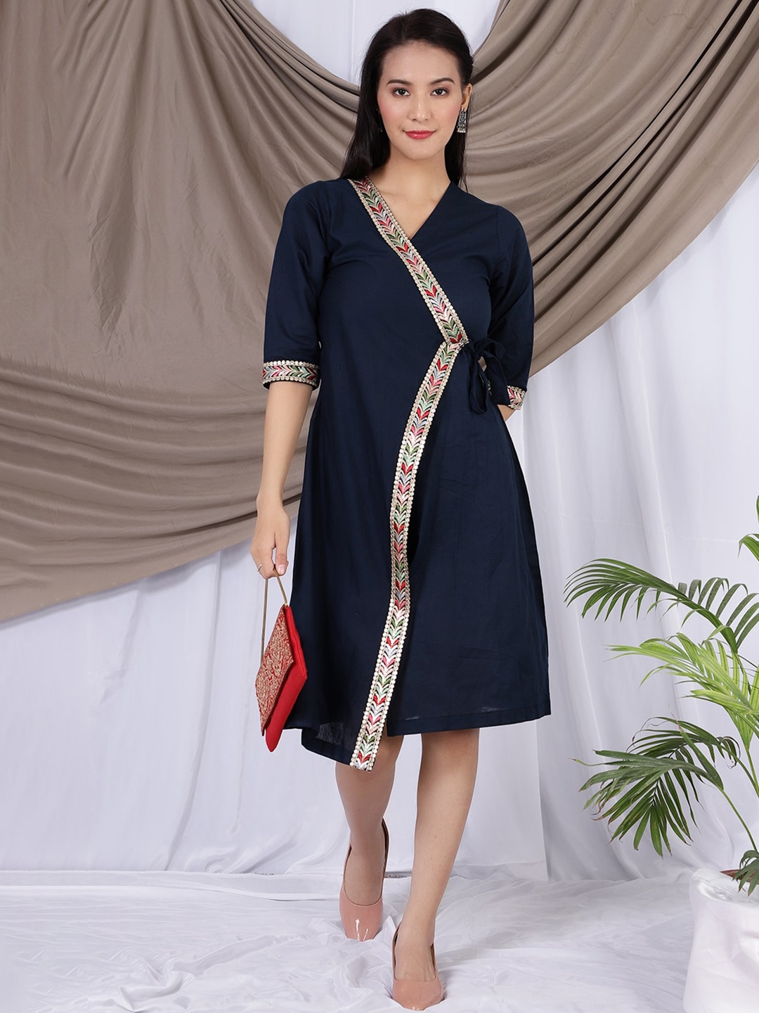

INDOPHILIA Cotton Linen A-Line Midi Dress, Blue