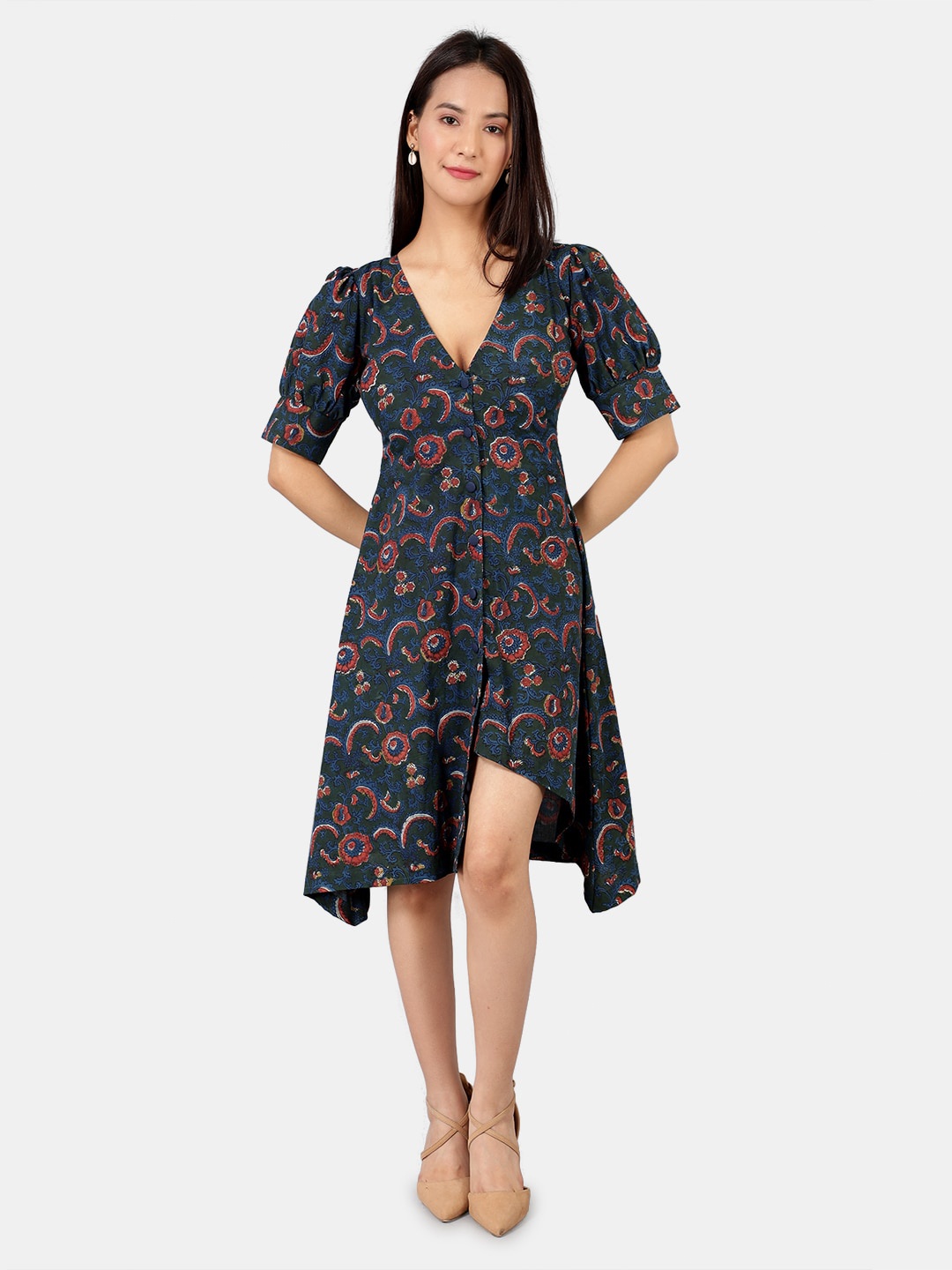 

INDOPHILIA Floral Printed Asymmetric Fit & Flare Dress, Blue