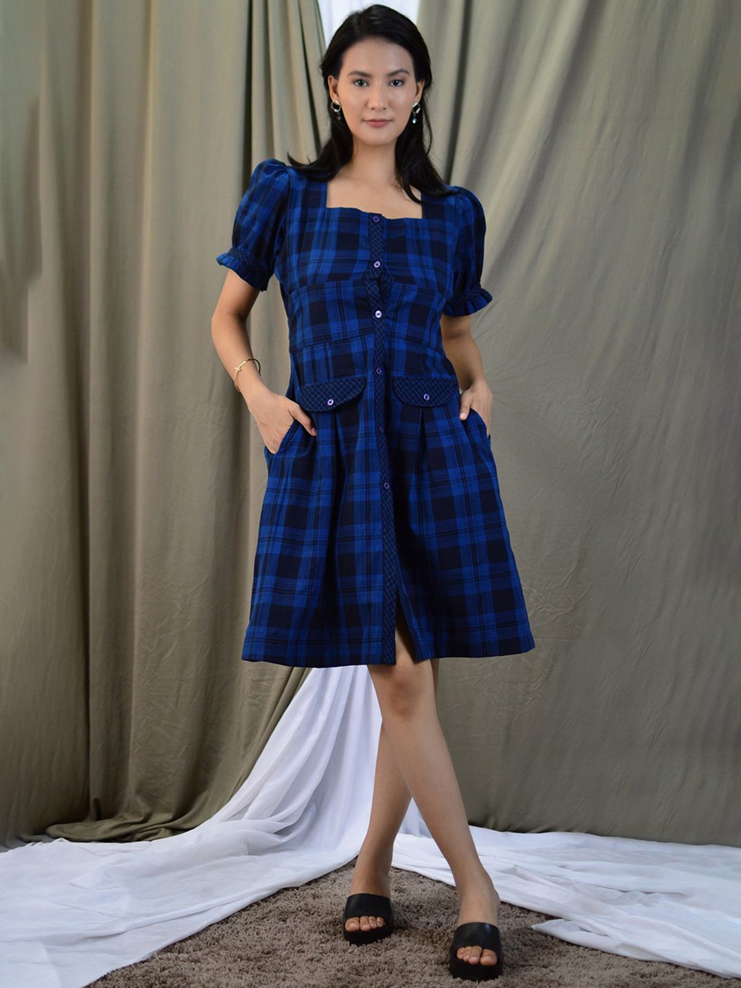 

INDOPHILIA Square Neck Checked Pure Cotton Fit & Flare Dress, Navy blue