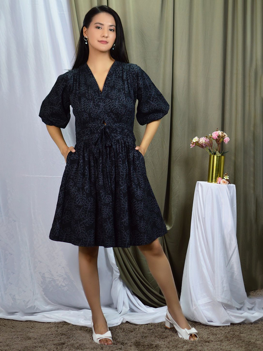 

INDOPHILIA Tropical Printed V-Neck Pure Cotton Fit & Flare Dress, Black