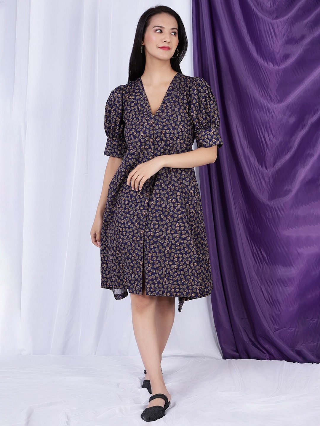 

INDOPHILIA Tropical Printed Pure Cotton Fit & Flare Dress, Navy blue