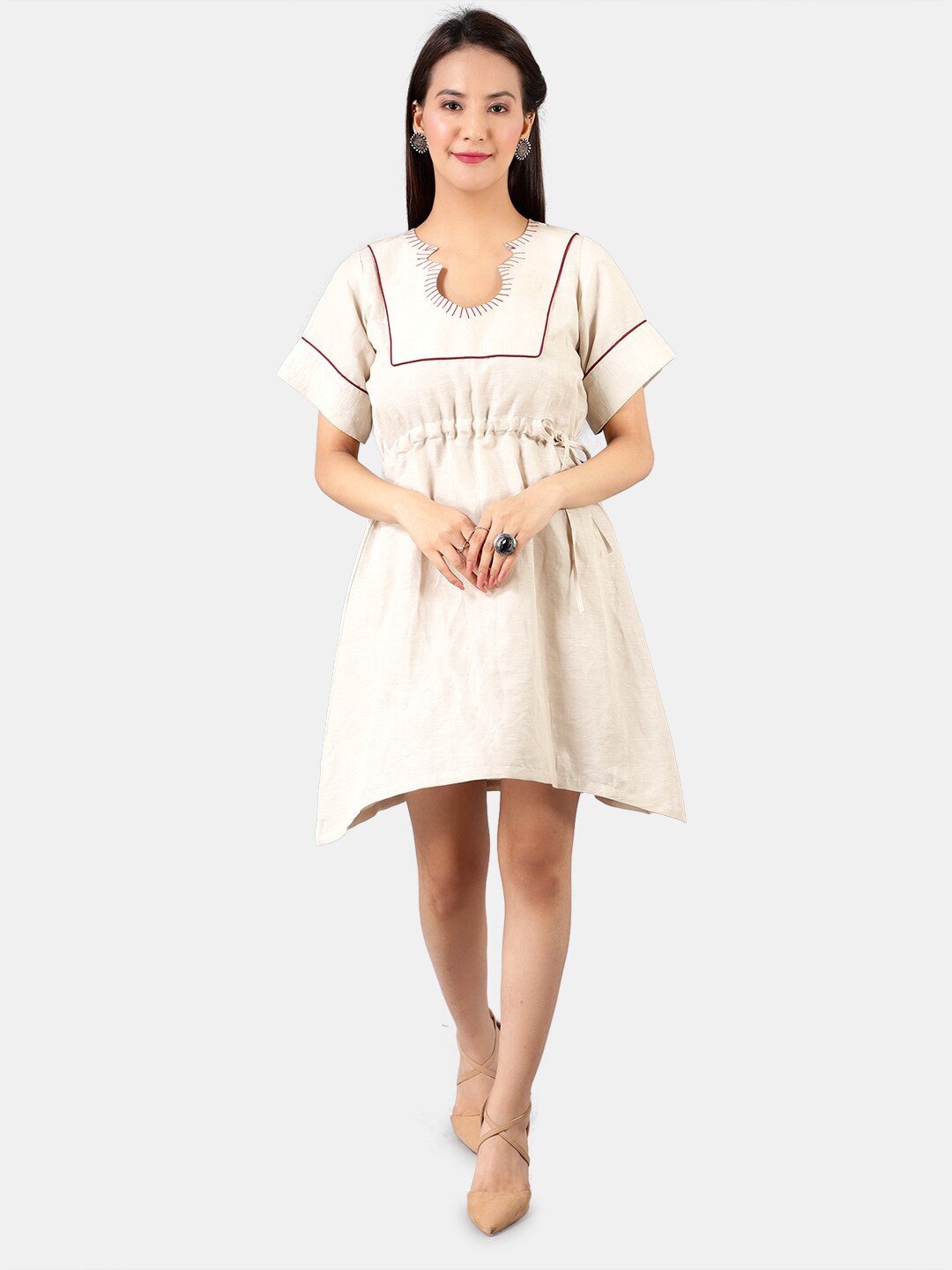 

INDOPHILIA Round Neck Cotton Linen Fit & Flare Dress, Beige
