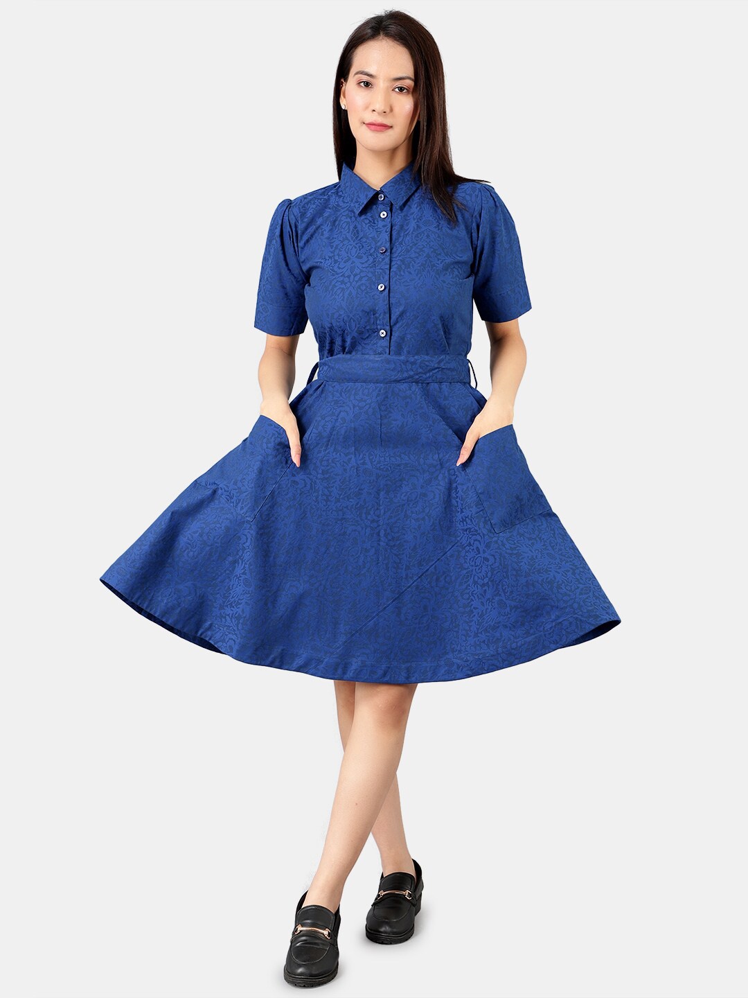 

INDOPHILIA Shirt Collar Ethnic Motifs Printed Cotton Linen A-Line Dress With Belt, Blue