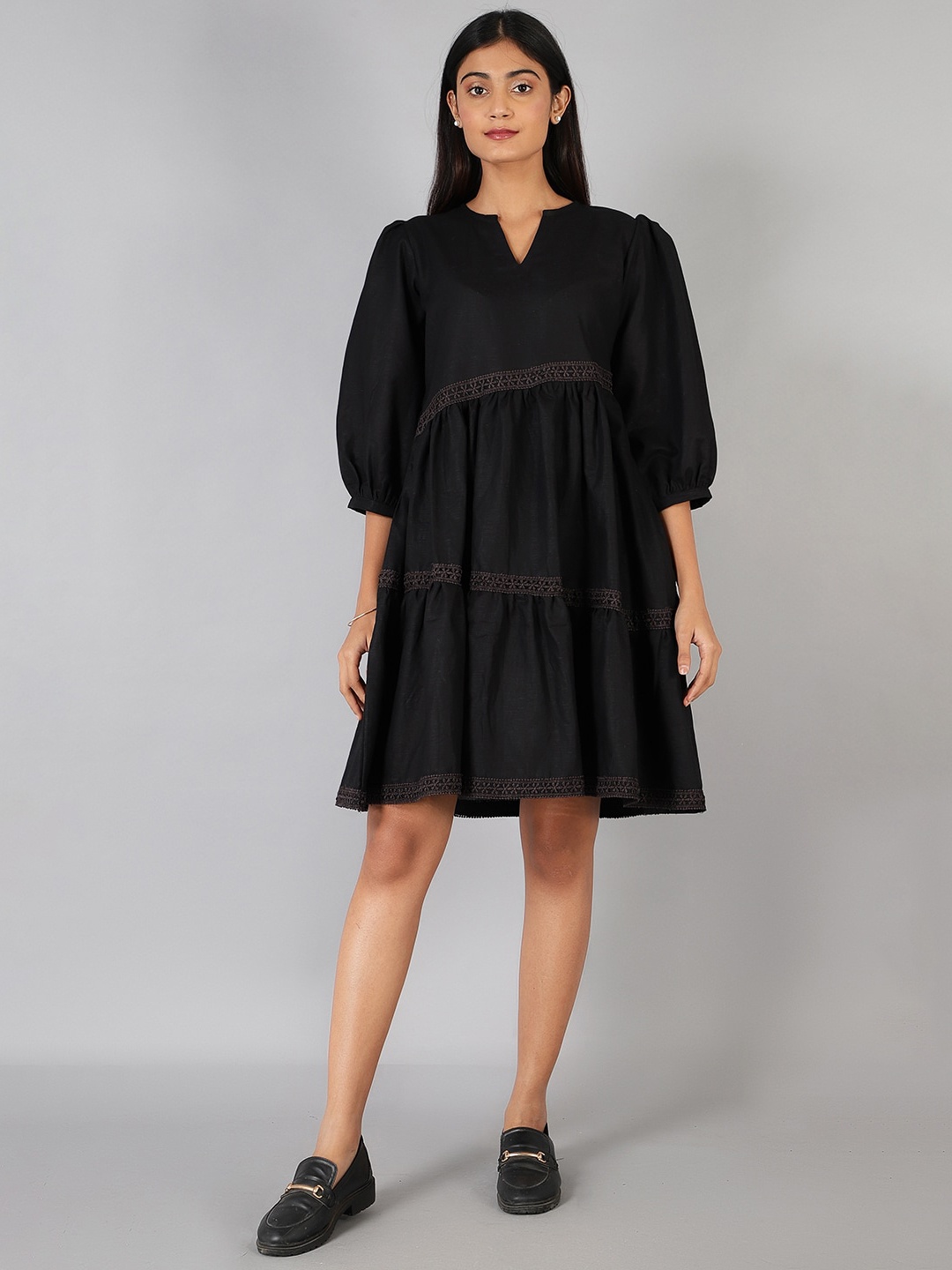 

INDOPHILIA Puff Sleeves Cotton Linen Tiered Fit & Flare Dress, Black