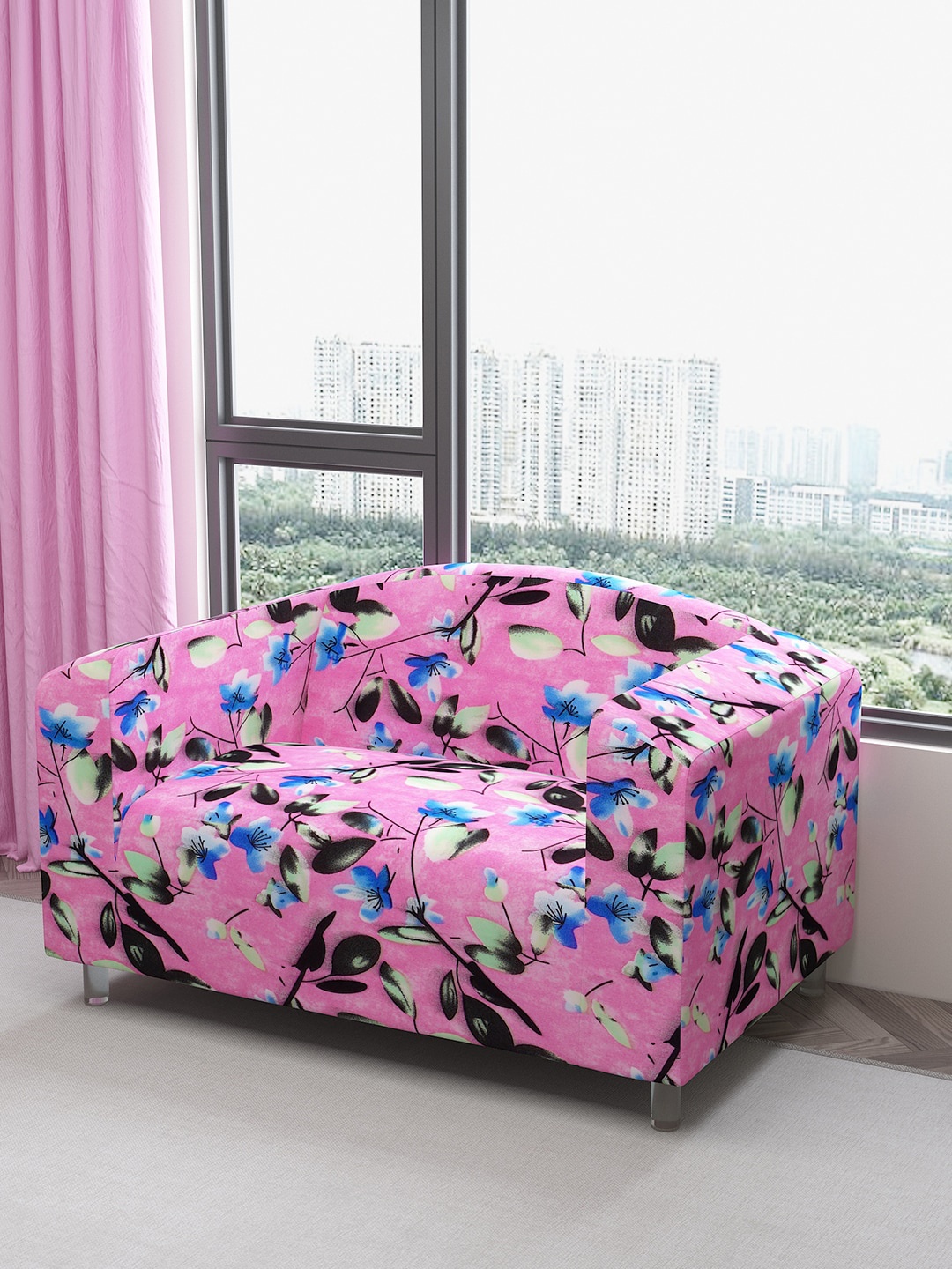 

DREAM CARE Pink & Blue Printed Water Proof 2-Seater Flexible Sofa Cover With Arms