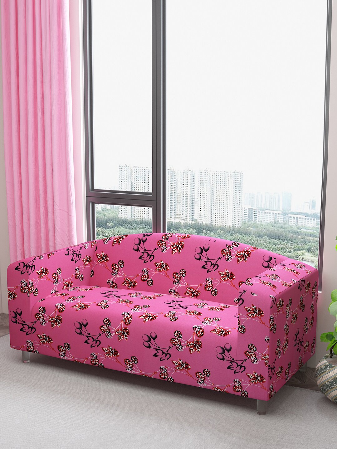 

DREAM CARE Pink & Red Floral-Printed Waterproof & Flexible 3-Seater Sofa Cover