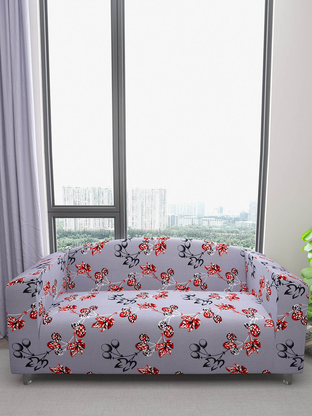 

DREAM CARE Grey & Red Floral-Printed Waterproof & Flexible 3-Seater Sofa Cover
