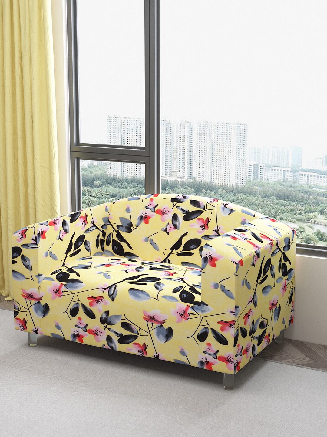 

DREAM CARE Yellow & Black Printed Waterproof 2-Seater Sofa Cover