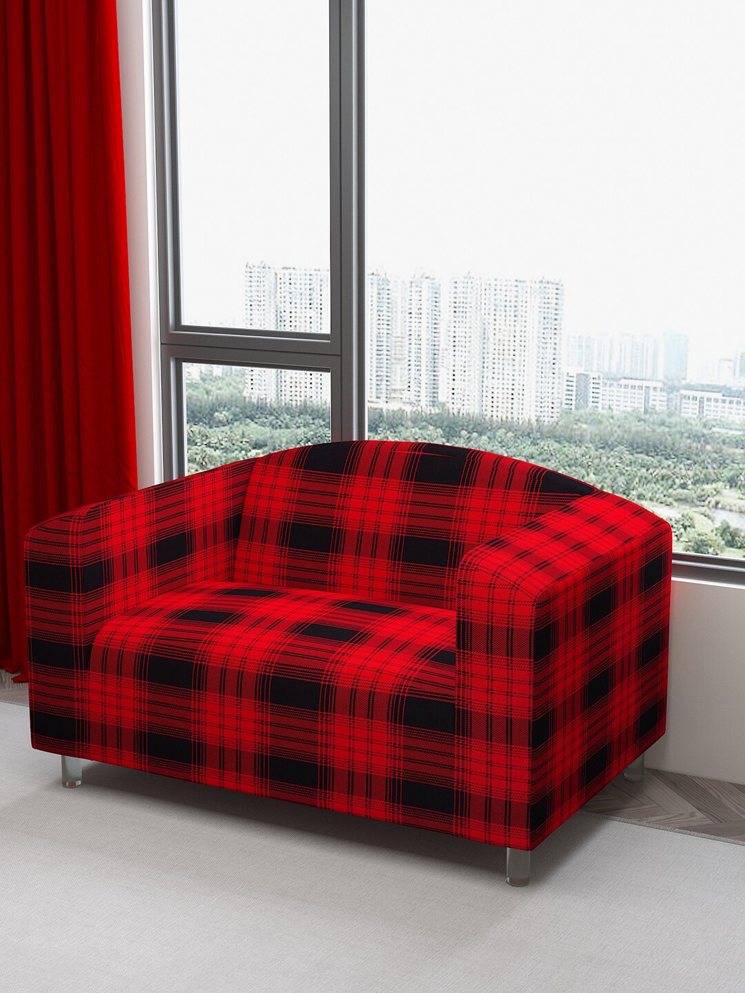 

DREAM CARE Red & Black Printed Waterproof 2-Seater Sofa Cover