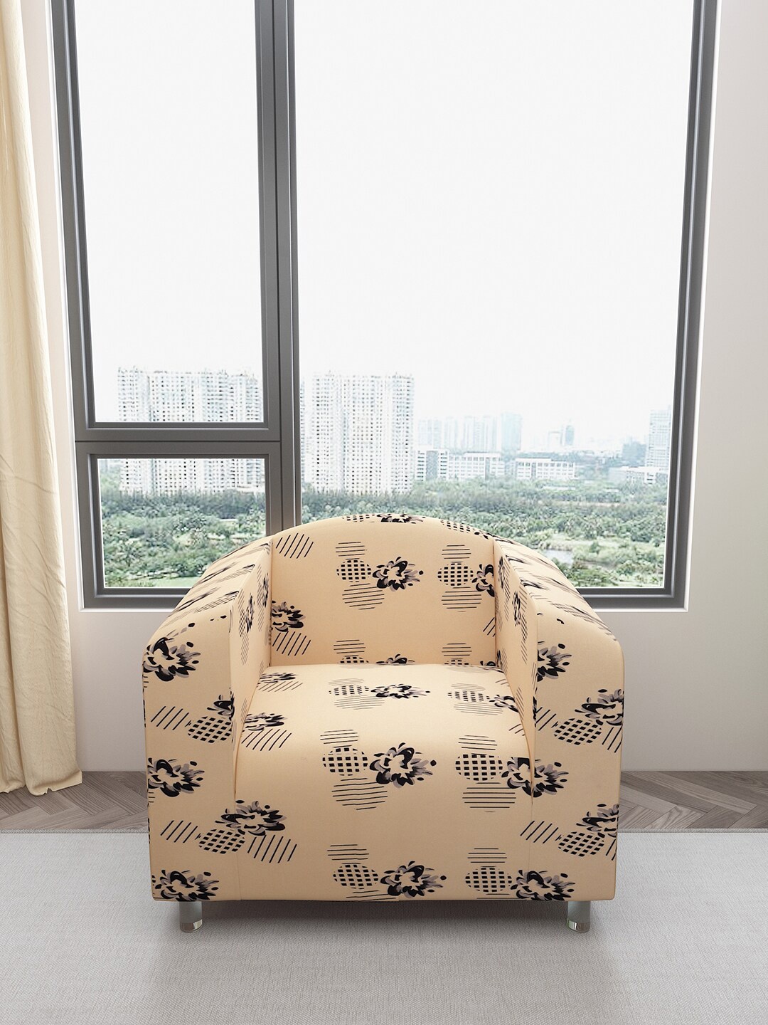 

DREAM CARE Beige & Black Printed Waterproof 1-Seater Sofa Cover With Anti Slip Foam Sticks