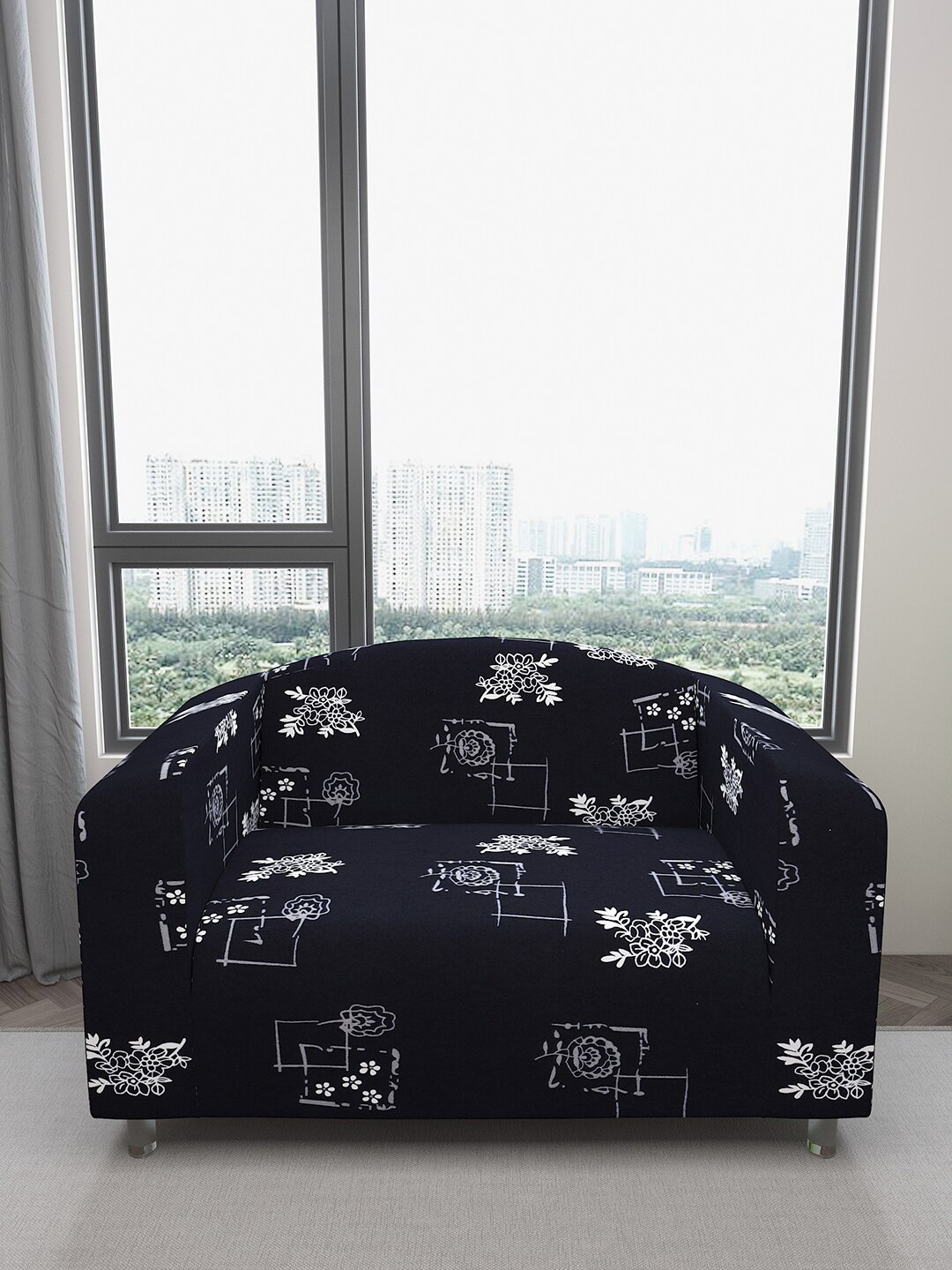 

DREAM CARE Black & White Printed Waterproof 2-Seater Sofa Cover With Anti Slip Foam Sticks