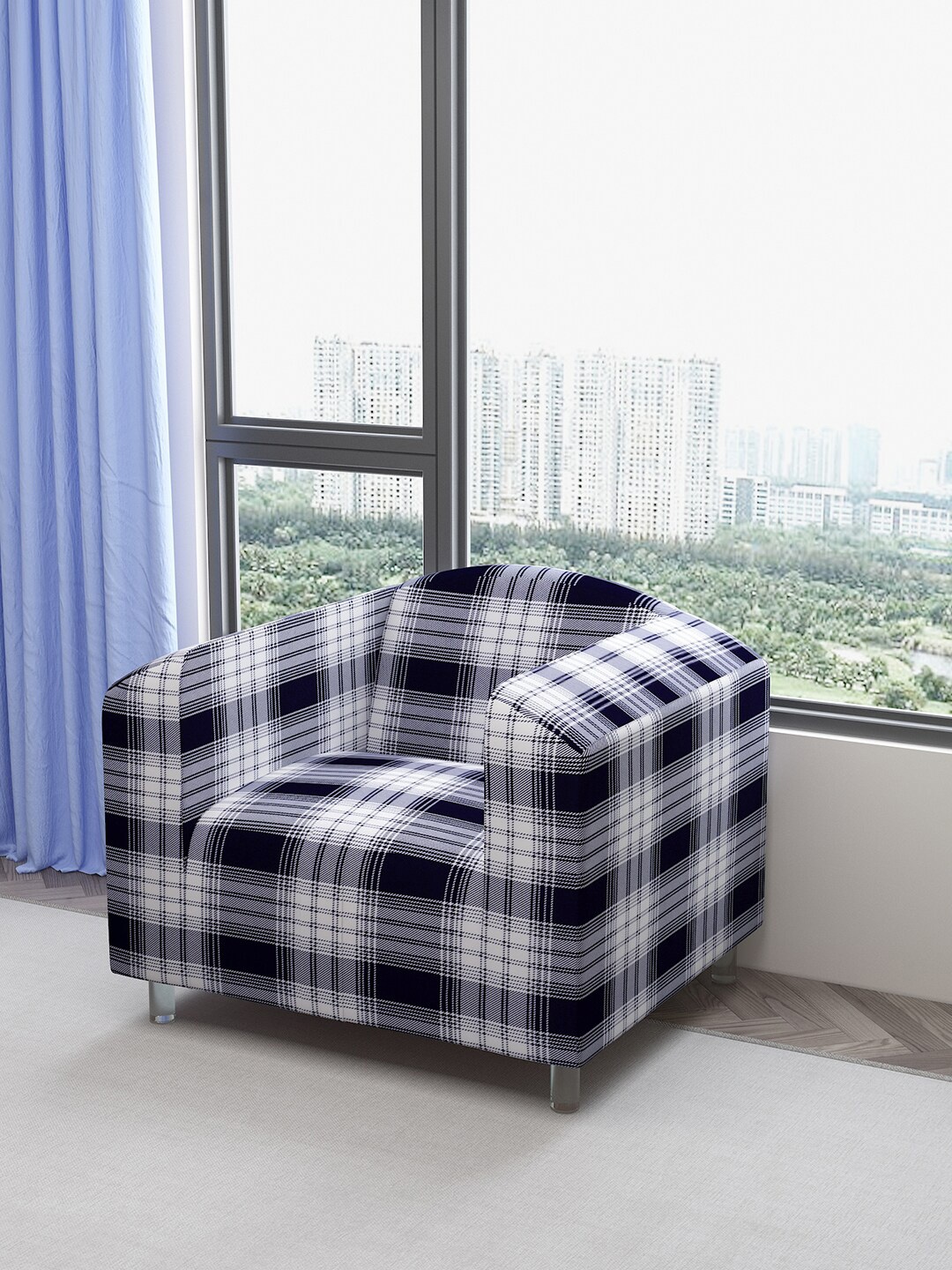 

DREAM CARE White & Black Checked Waterproof 1-Seater Sofa Cover With Anti Slip Foam Sticks