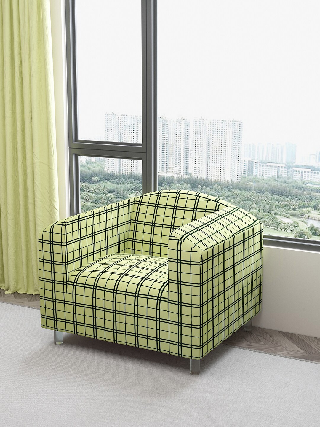 

DREAM CARE Green & Black Checked Waterproof & Flexible 1-Seater Sofa Cover