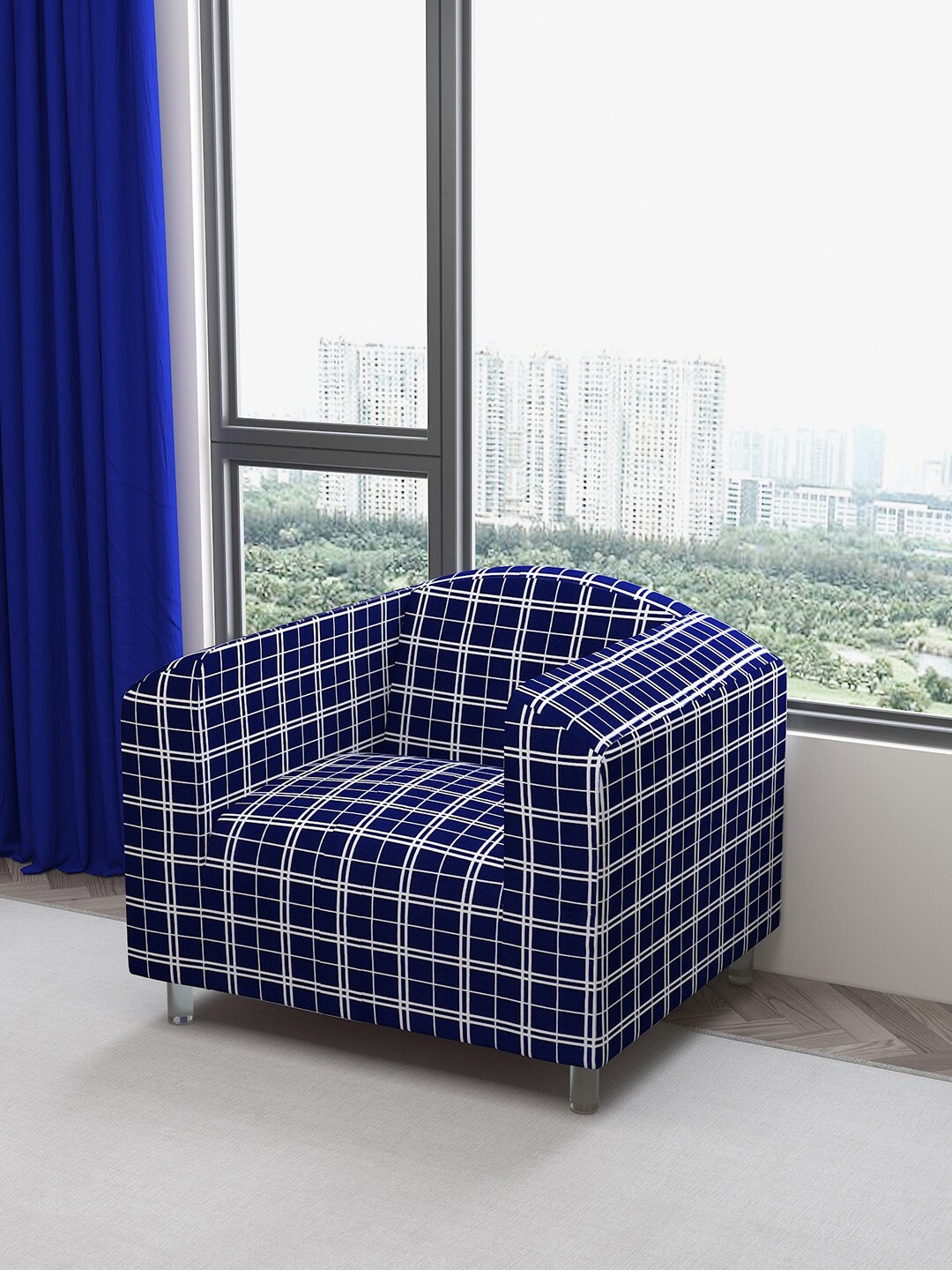 

DREAM CARE Blue & White Checked Waterproof & Flexible 2-Seater Sofa Cover
