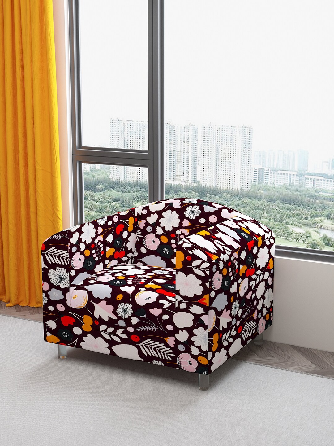 

DREAM CARE Brown & Red Floral Printed Waterproof & Flexible 1-Seater Sofa Cover