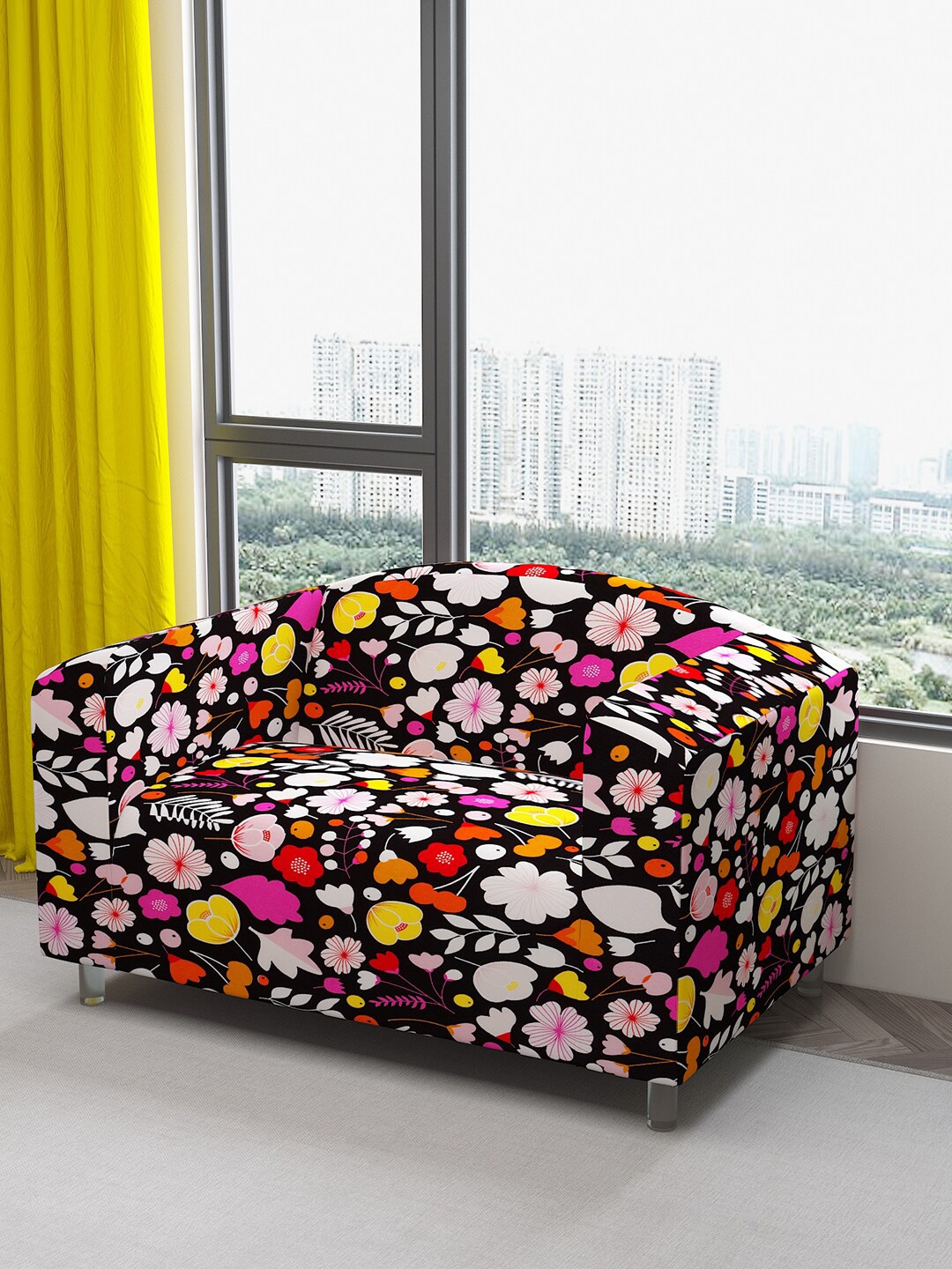 

DREAM CARE Black & Pink Floral Printed Waterproof 2-Seater Sofa Cover With Anti Slip Foam Sticks