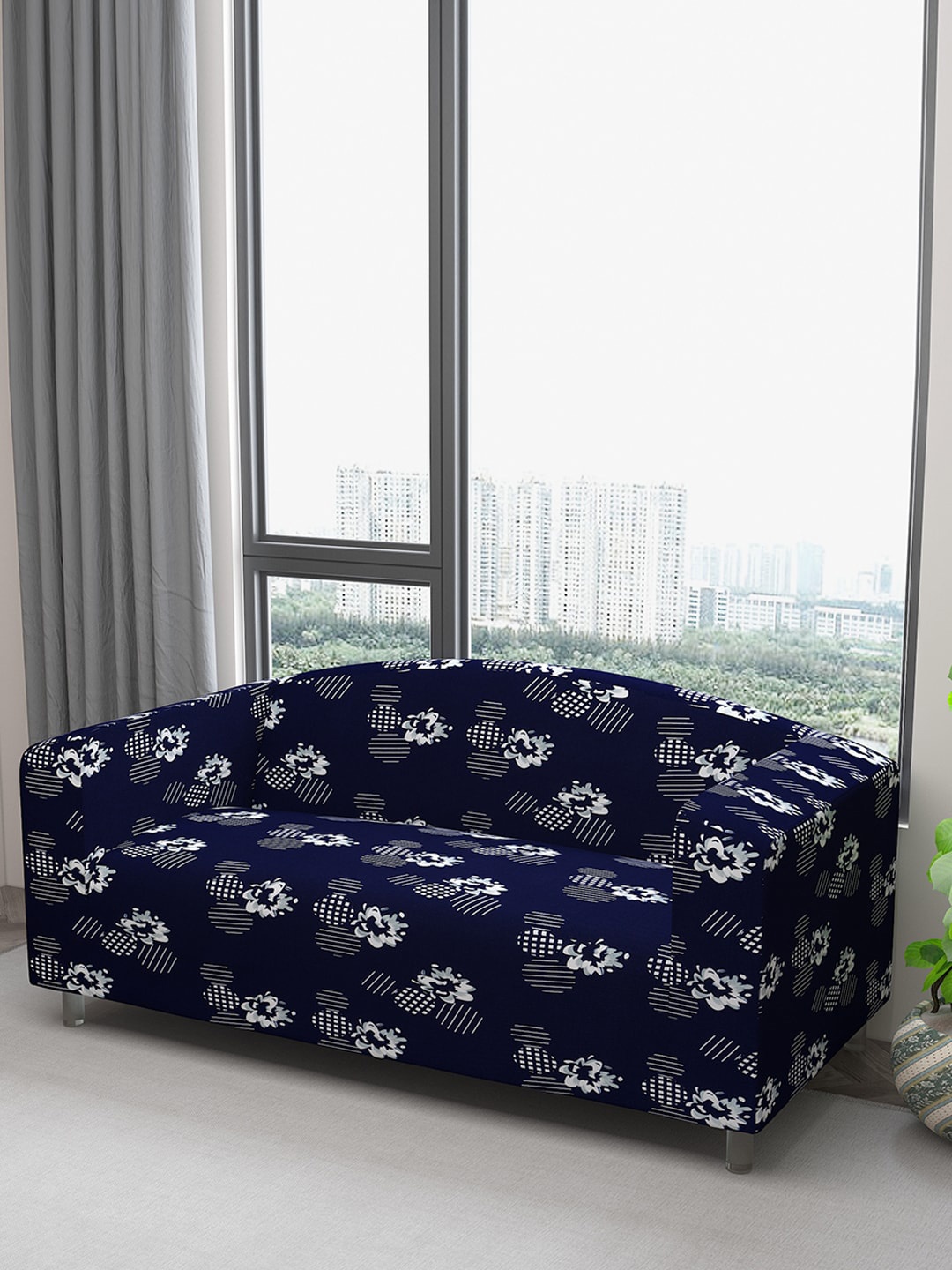 

DREAM CARE Blue & Grey Floral Printed Waterproof & Flexible 3-Seater Sofa Cover