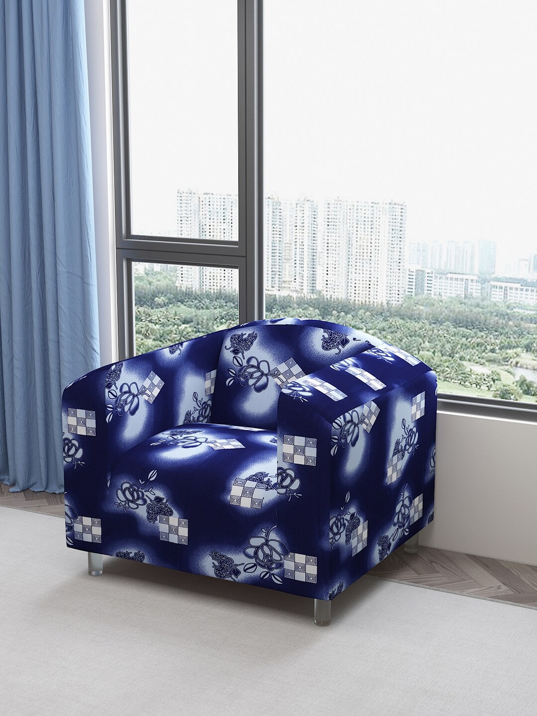 

DREAM CARE Blue & White Printed Waterproof 1-Seater Sofa Cover With Anti Slip Foam Sticks