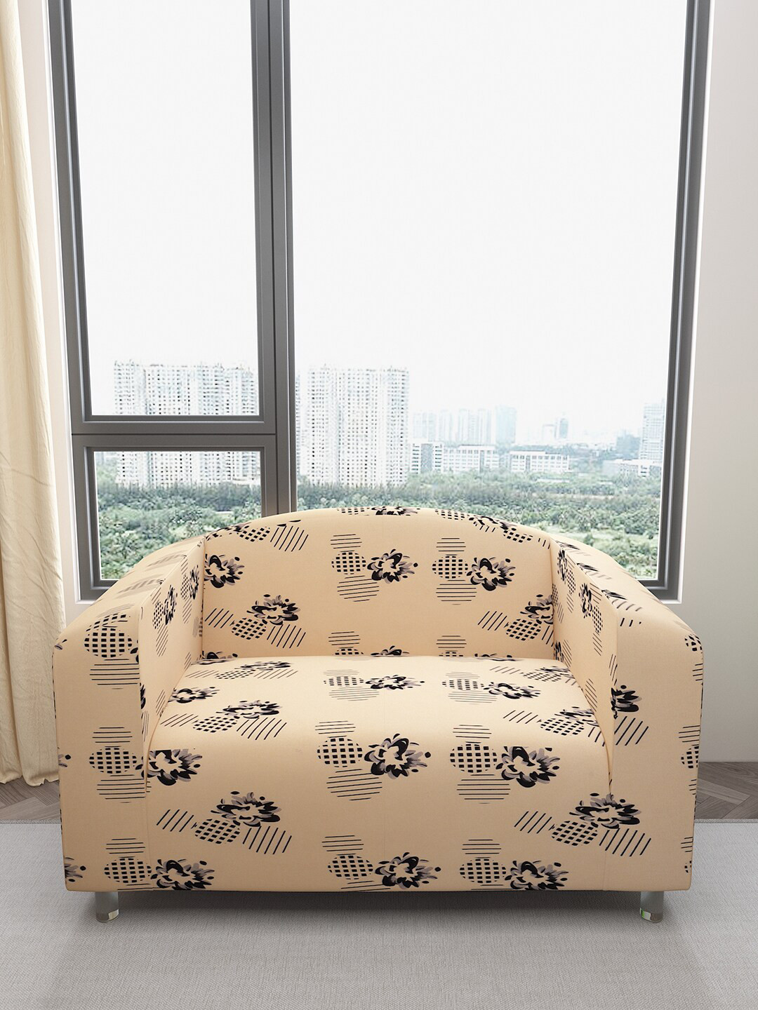 

DREAM CARE Beige & Black Printed 2-Seater Flexible Sofa Cover With Arms
