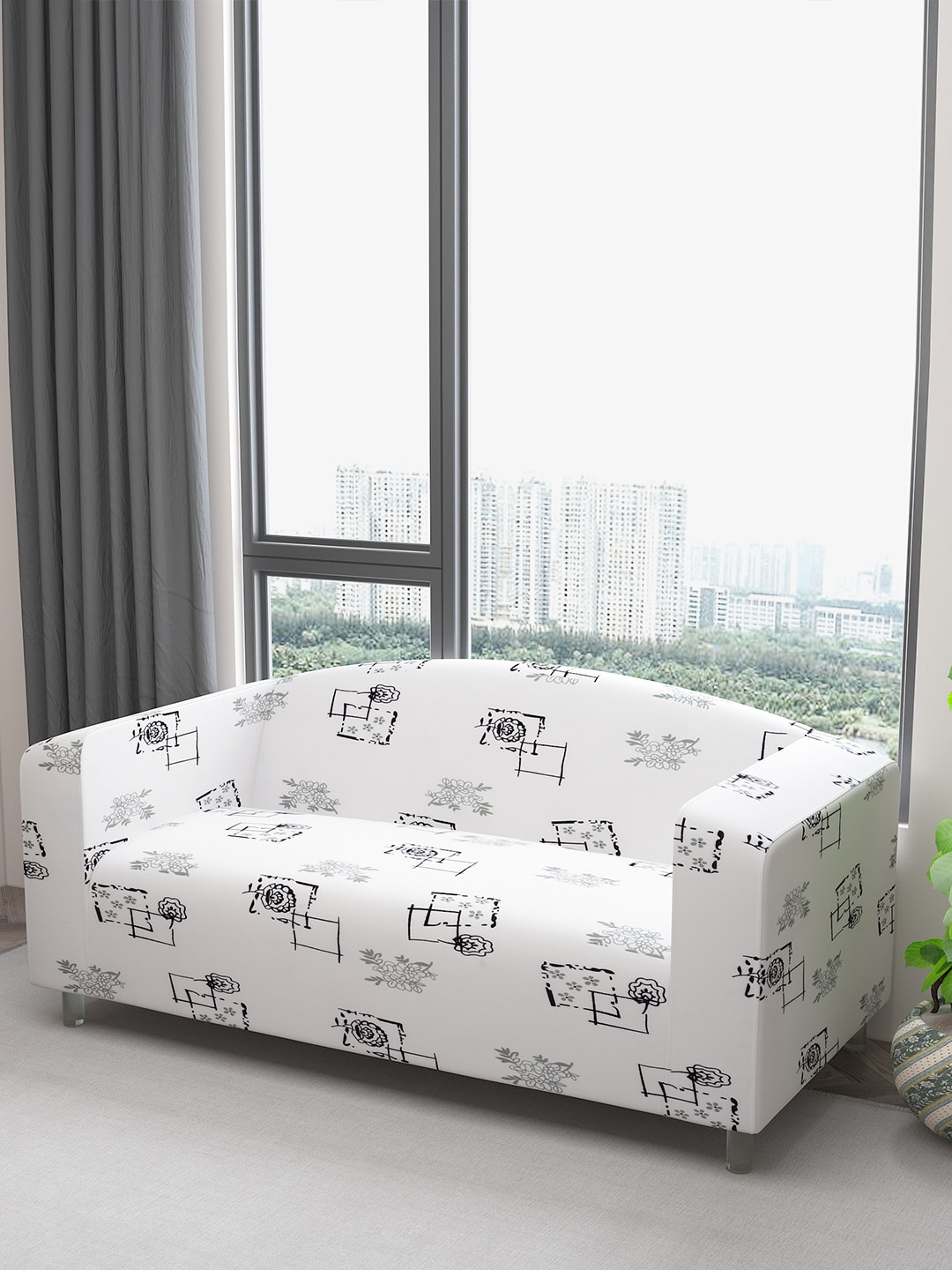 

DREAM CARE White & Black Printed 3-Seater Flexible Sofa Cover With Arms