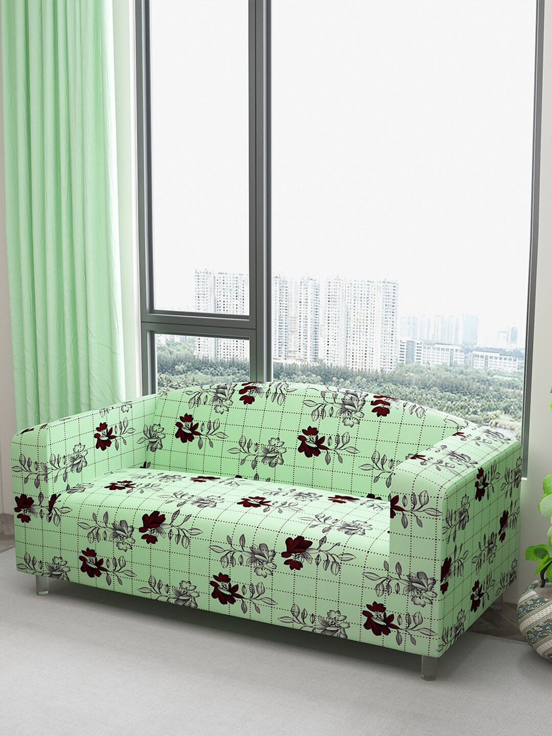 

DREAM CARE Green & Grey Floral Printed Waterproof & Flexible 3-Seater Sofa Cover