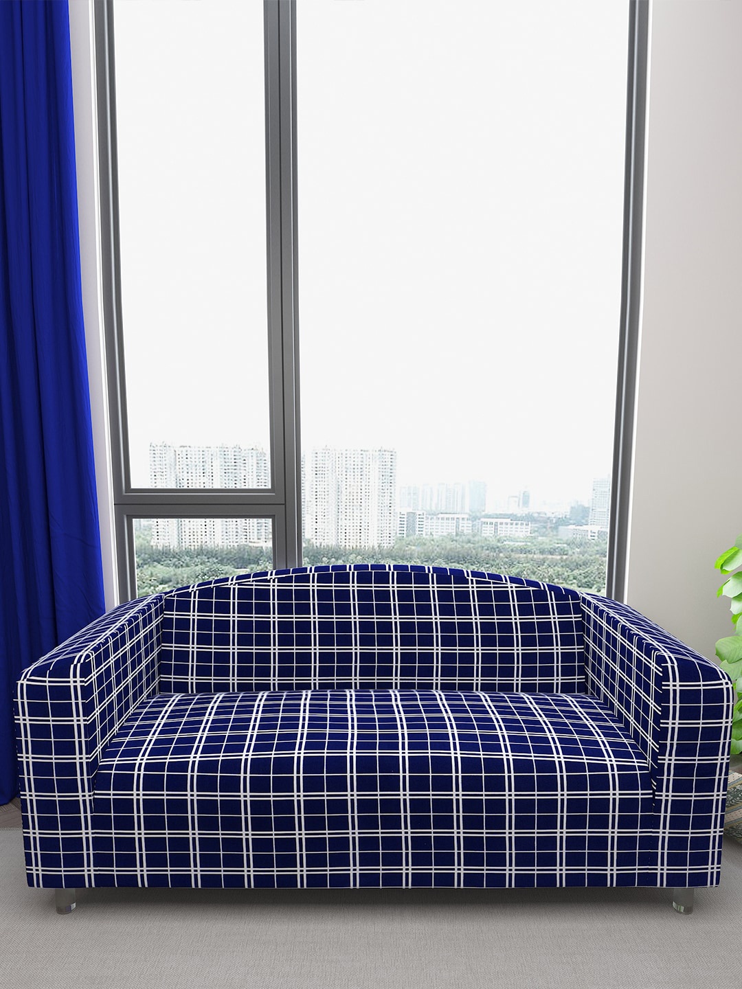 

DREAM CARE Blue & White Checked Waterproof & Flexible 3-Seater Sofa Cover