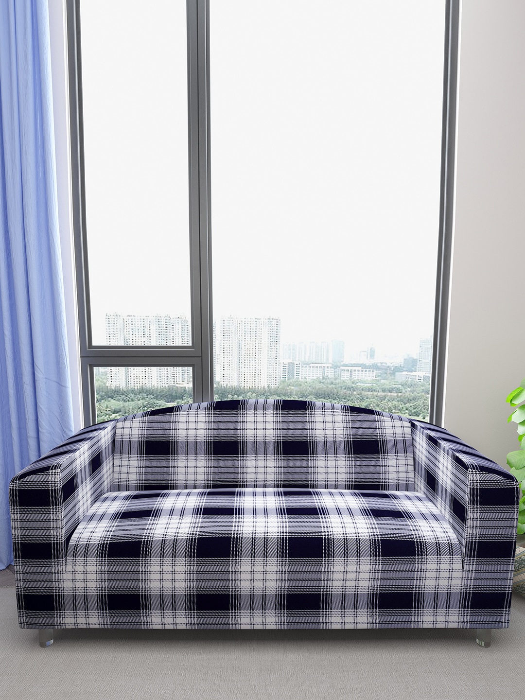 

DREAM CARE White & Navy Blue Checked 3-Seater Flexible Sofa Cover With Arms