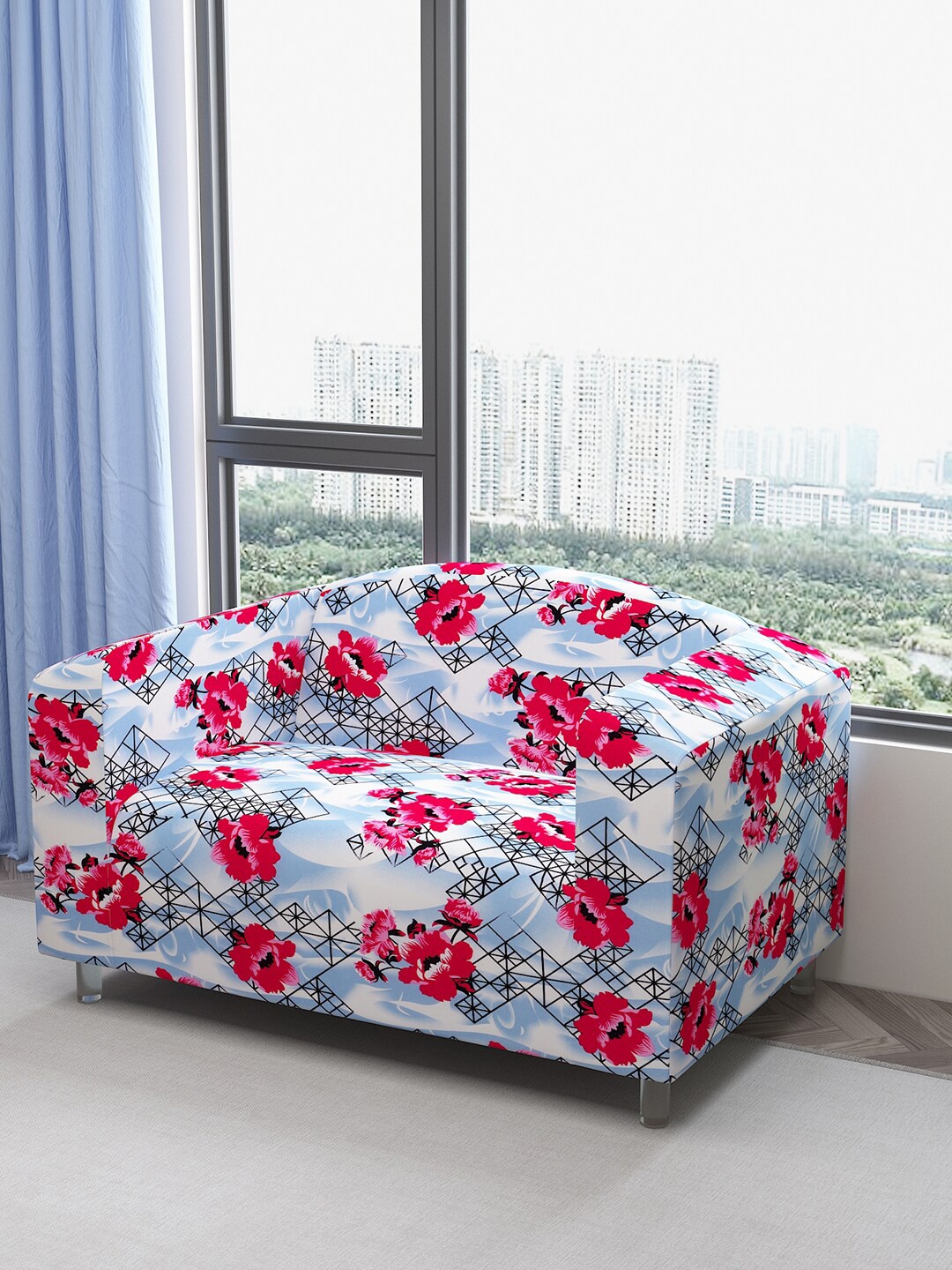 

DREAM CARE Blue & Pink Printed Waterproof & Flexible 2-Seater Sofa Cover