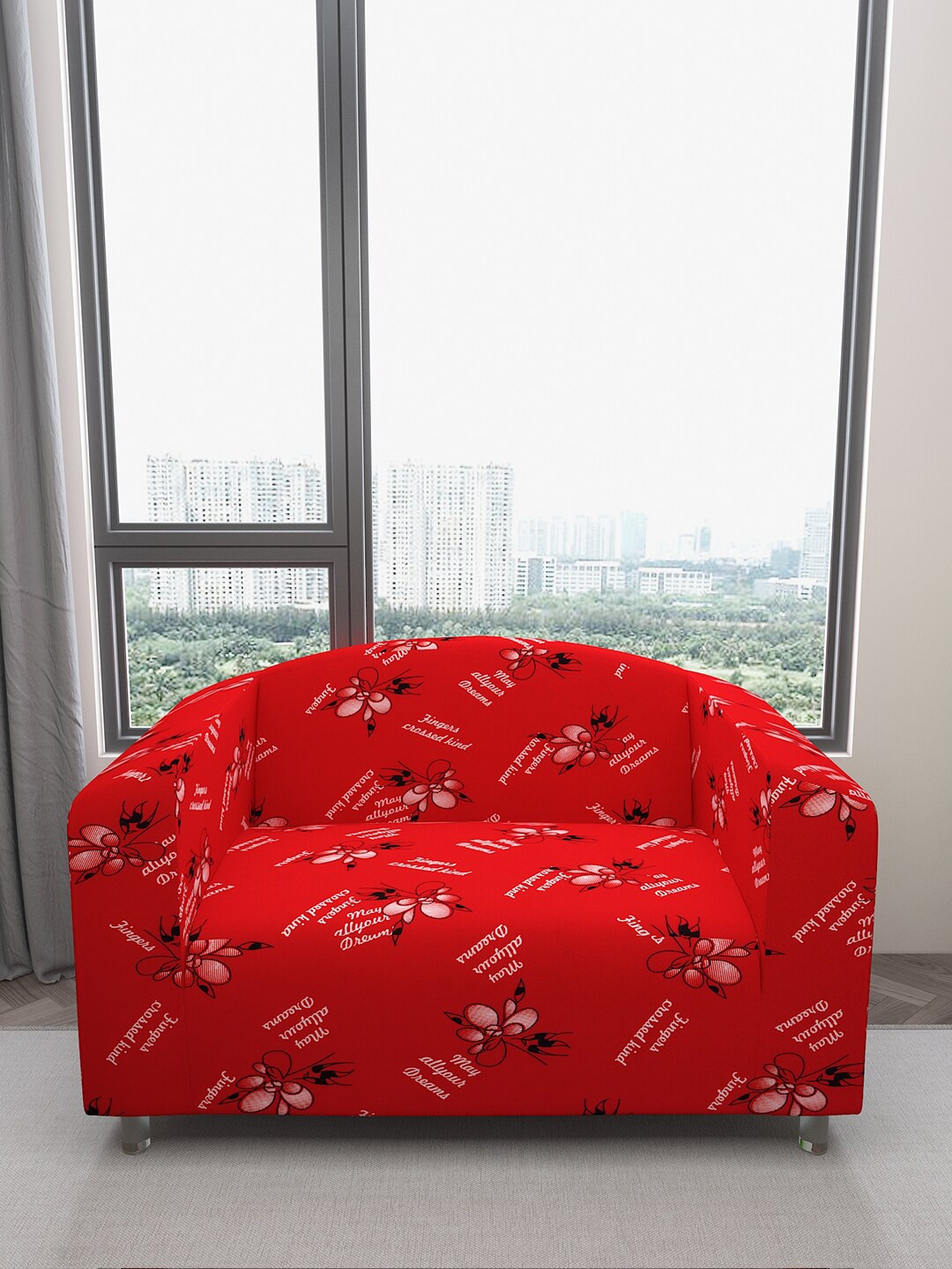

DREAM CARE Red & Black Printed Waterproof & Flexible 2-Seater Sofa Cover
