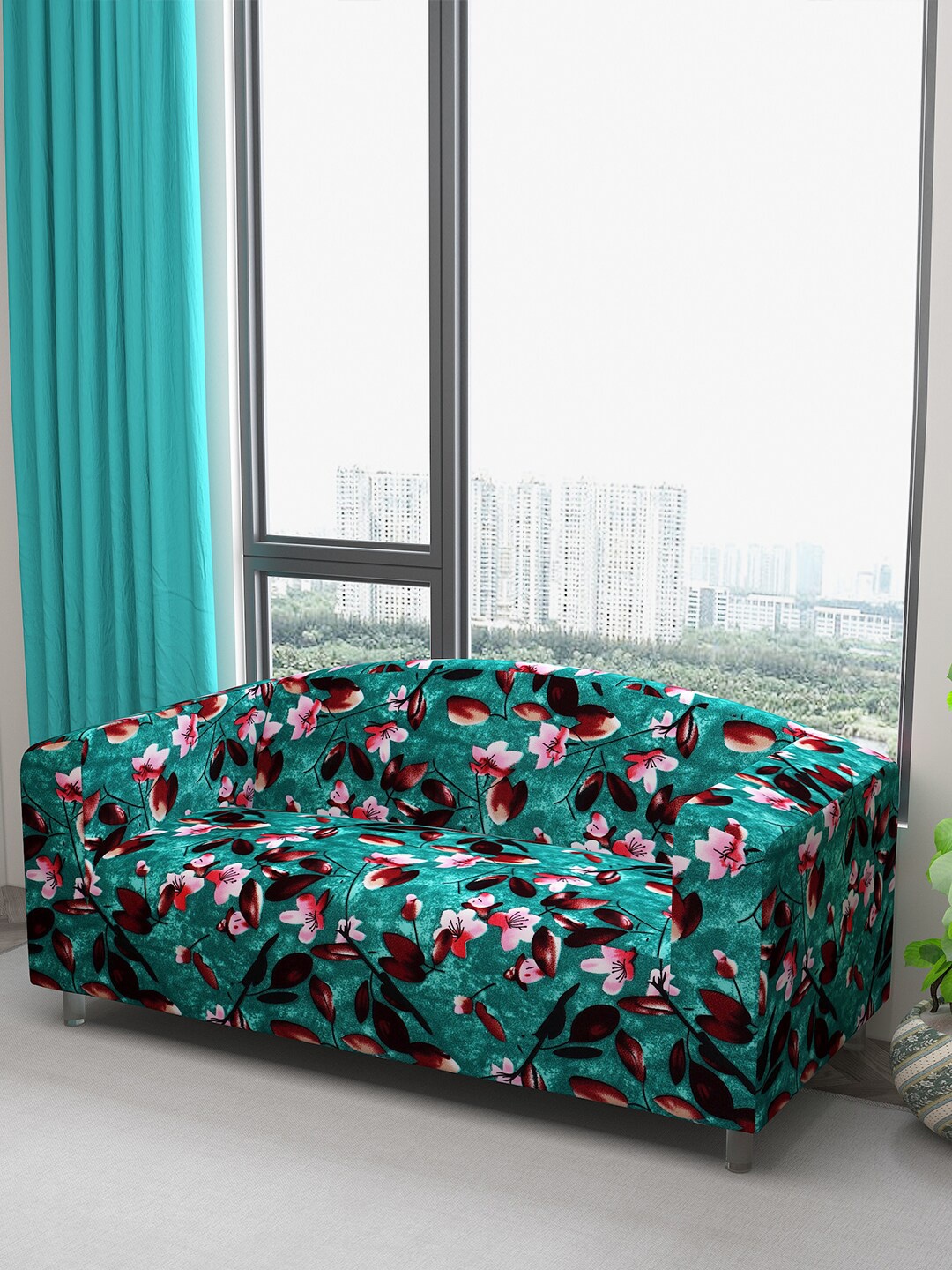 

DREAM CARE Green & Brown Floral Printed Waterproof & Flexible 3-Seater Sofa Cover