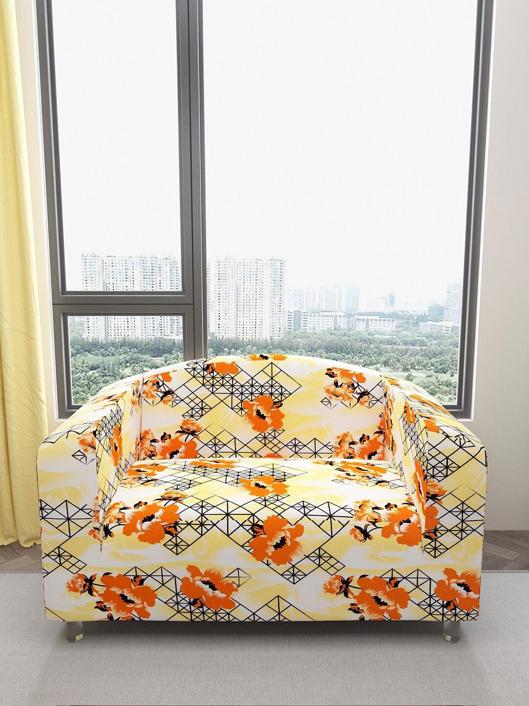 

DREAM CARE Orange-Colored & Yellow Printed Waterproof 2-Seater Sofa Cover