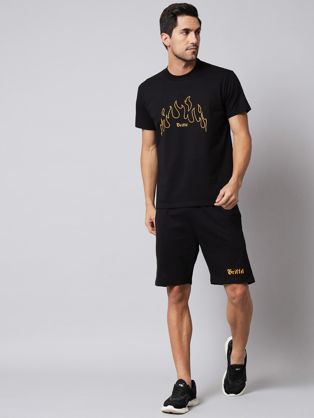 

GRIFFEL Men Printed Pure Cotton T-shirt with Shorts, Black