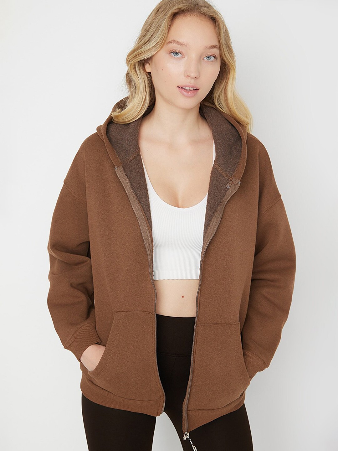 

Trendyol Hooded Front-Open Sweatshirt, Brown